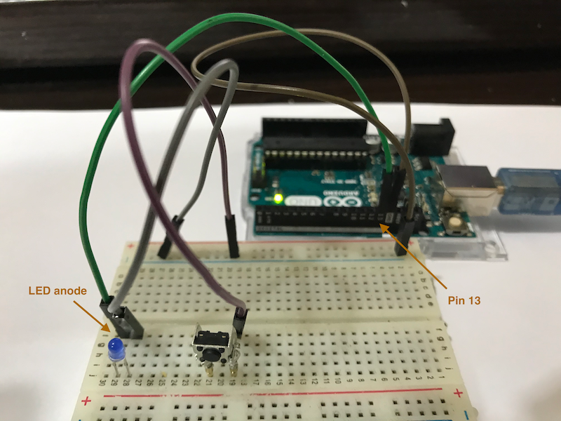 The green wire connects the LED's anode and the Pin 13 of the Arduino.