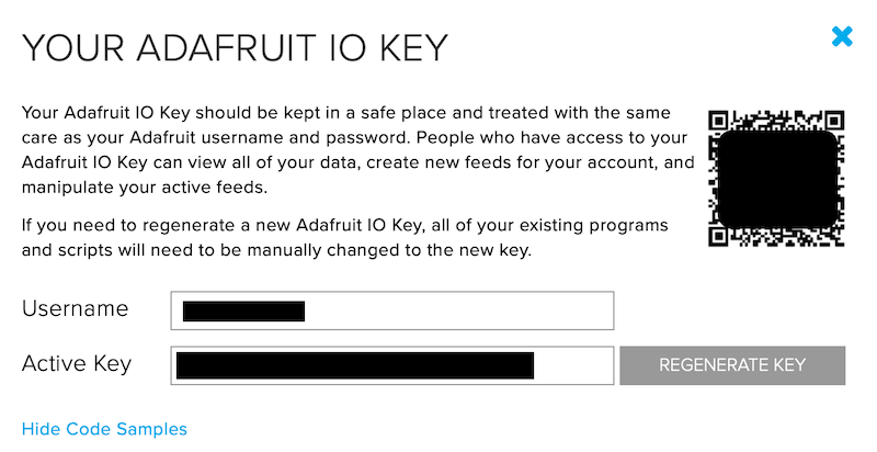 Keep the Adafruit IO username and active key secret!
