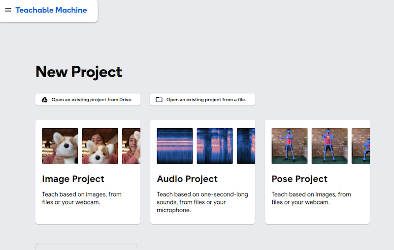 Different types of projects in Teachable Machine