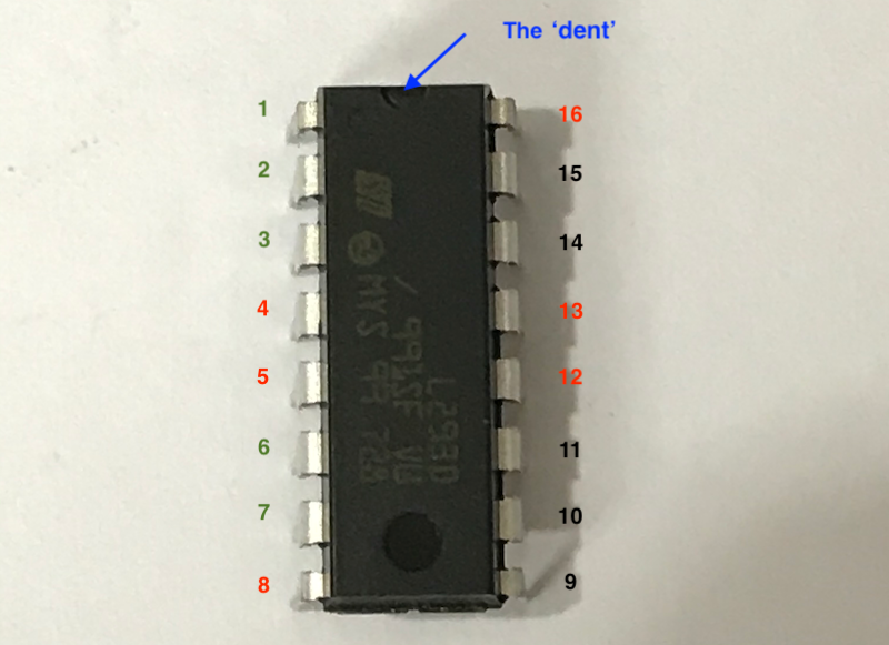 Red: power-related pins; green: pins for motor 1; black: pins for motor 2